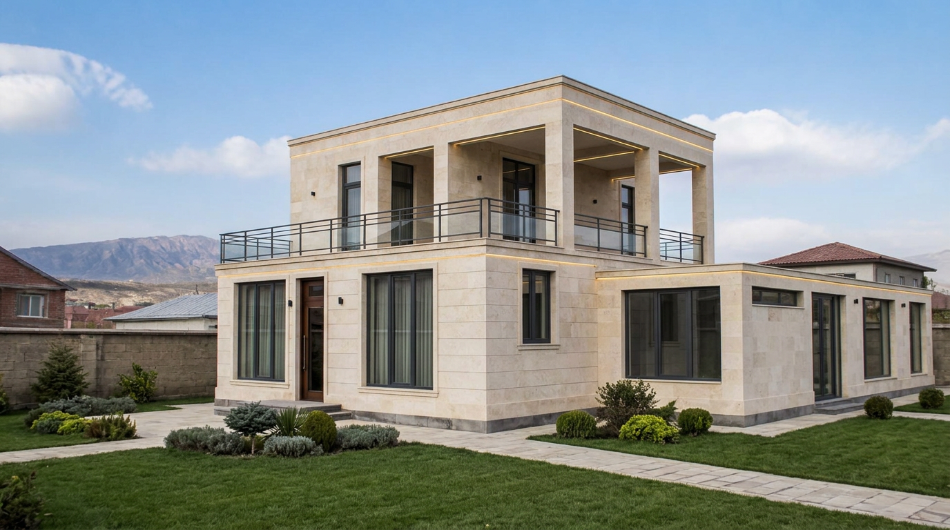 Completed modern Armenian tuff stone family house with landscaped garden
